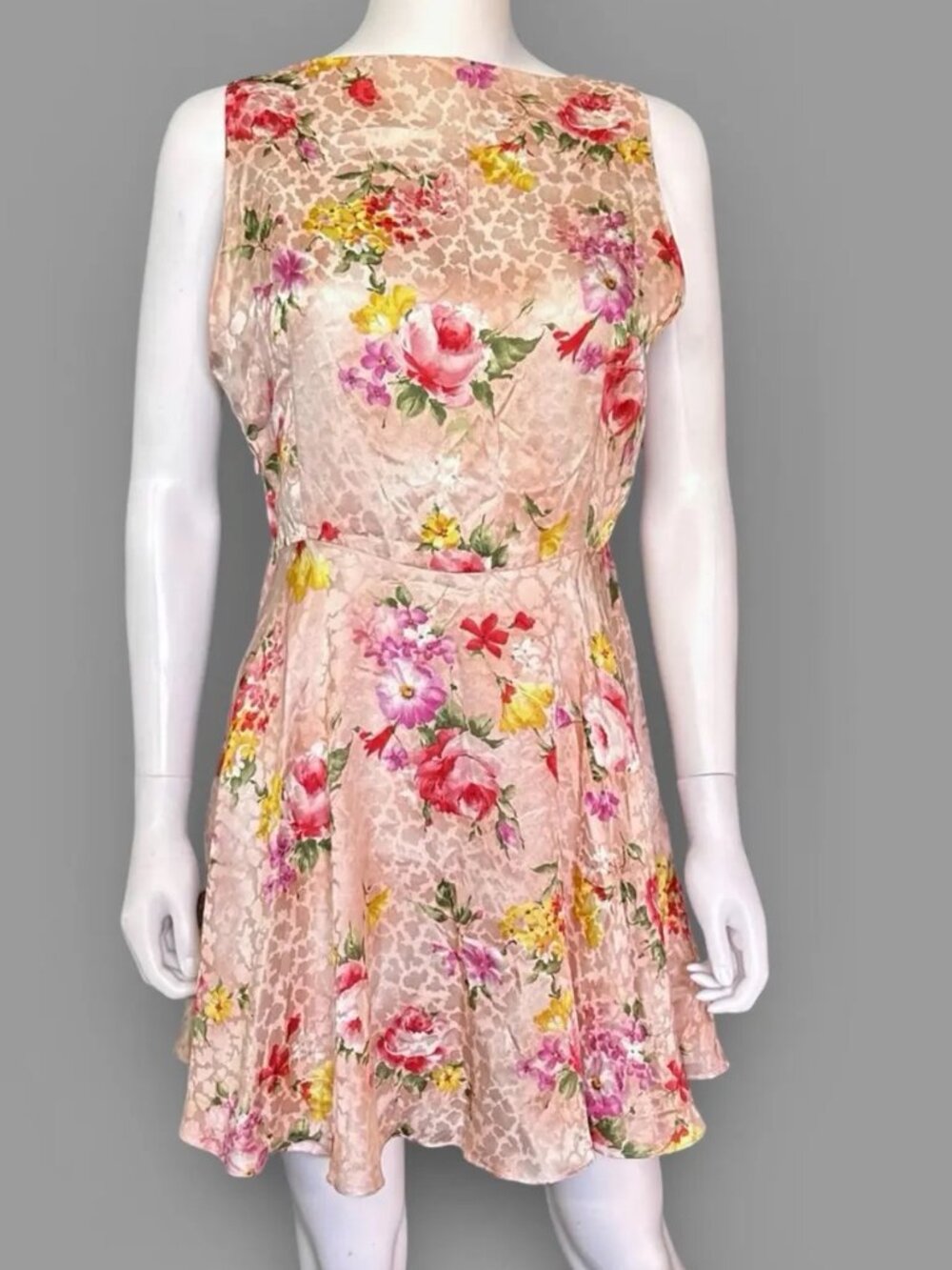 Vintage 1990s Garden Peach Floral Silk Sleeveless Scoop Back Mini Dress Size Med
